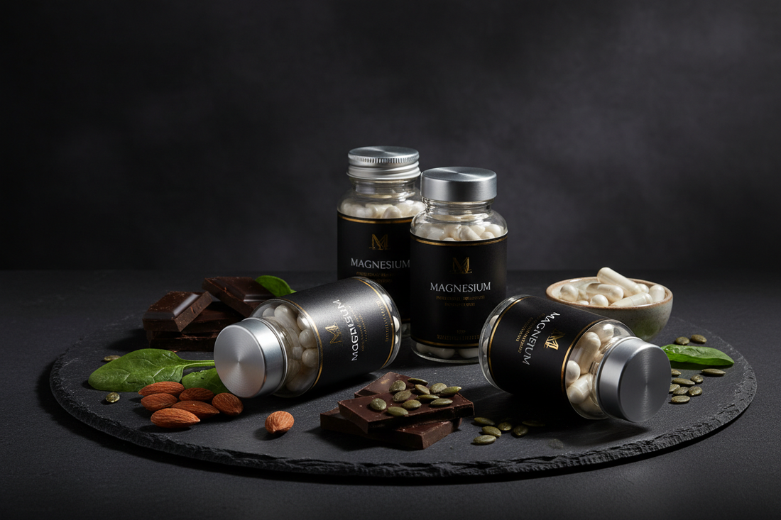 magnesiumtilskudd sammen med naturlige magnesiumkilder som mandler, mørk sjokolade, spinat og gresskarfrø