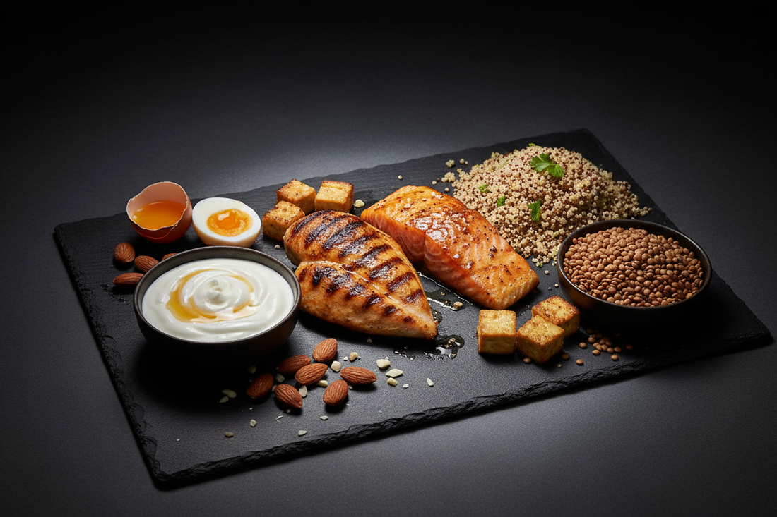 proteinrike matkilder som kyllingbryst, laks, egg, gresk yoghurt, mandler, quinoa, linser og tofu