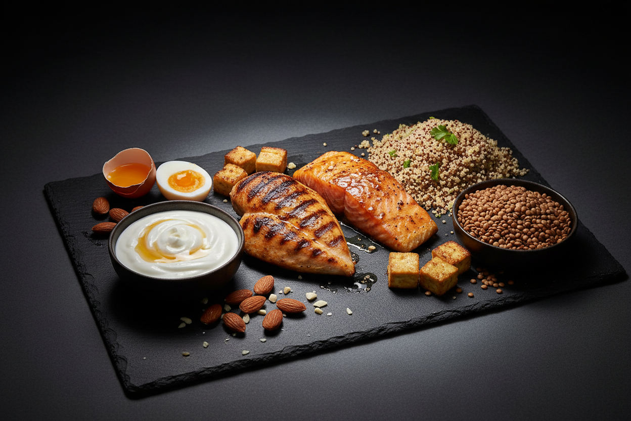 proteinrike matkilder som kyllingbryst, laks, egg, gresk yoghurt, mandler, quinoa, linser og tofu