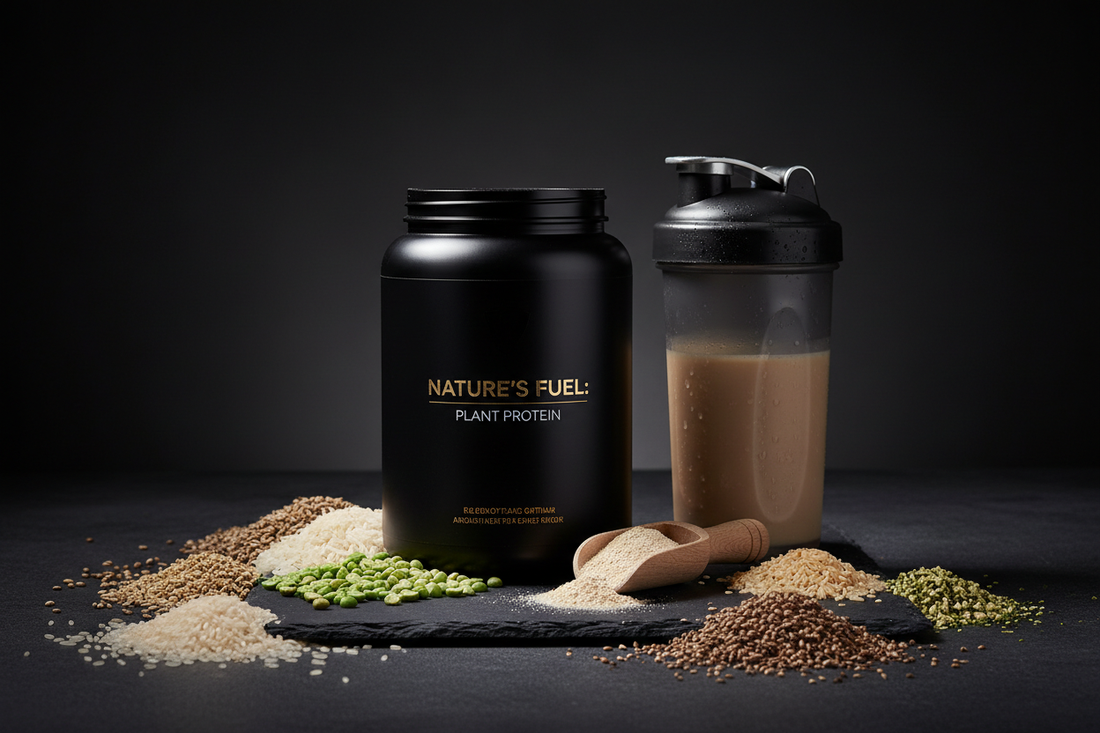 Vegansk proteinpulver med naturlige plantebaserte ingredienser som erter, ris og hampfrø